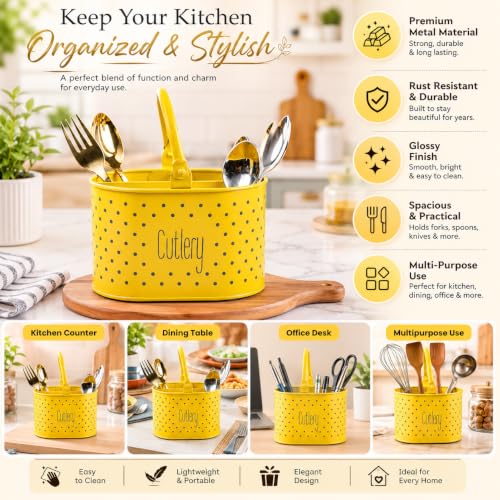 Image of MARKET 99 Yellow Polka Dot Metal Cutlery Holder | Oval Glossy Cutlery Stand for Kitchen | Knife, Fork & Spoon Organizer | Multipurpose Tabletop for Dining Table, Office Desk & Countertop