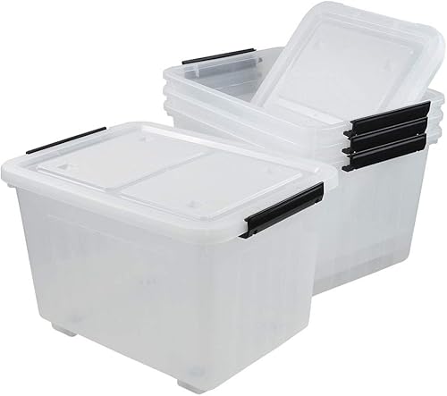 Contenedor de almacenamiento de plástico de 35 cuartos de galón, 4 paquetes, caja de almacenamiento con pestillo con ruedas