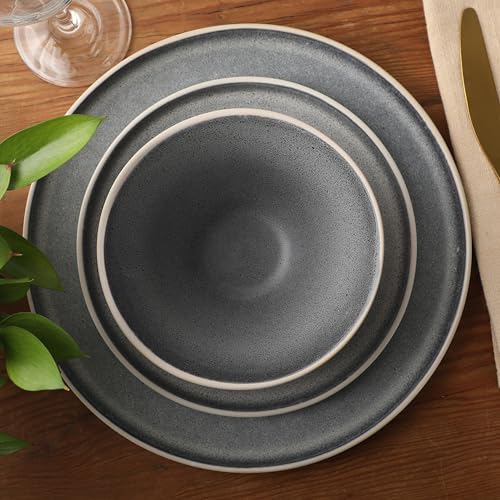 Image of Gibson Elite Coastal Forest Plates and Bowls Sets, 12-Piece Stoneware Dinnerware Sets, Triple Reactive Glaze Dish Set - Grey and Cream White