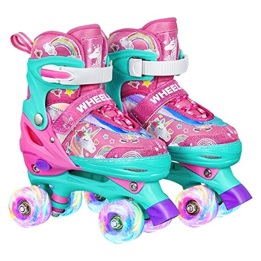 Wheelkids Roller Skates for Toddler Baby Kids Girls Ages 1-12, Pink Unicorn Adjustable Rollerskates Toddlers Beginners 4 Sizes with Light Up Wheels