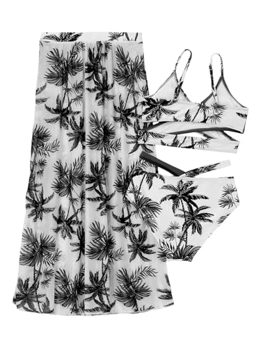 Big Girls 3 Pcs Bathing Suits Beach Boho Swim Wrap Skirts with Floral Bikini Top Brief Swimwear2