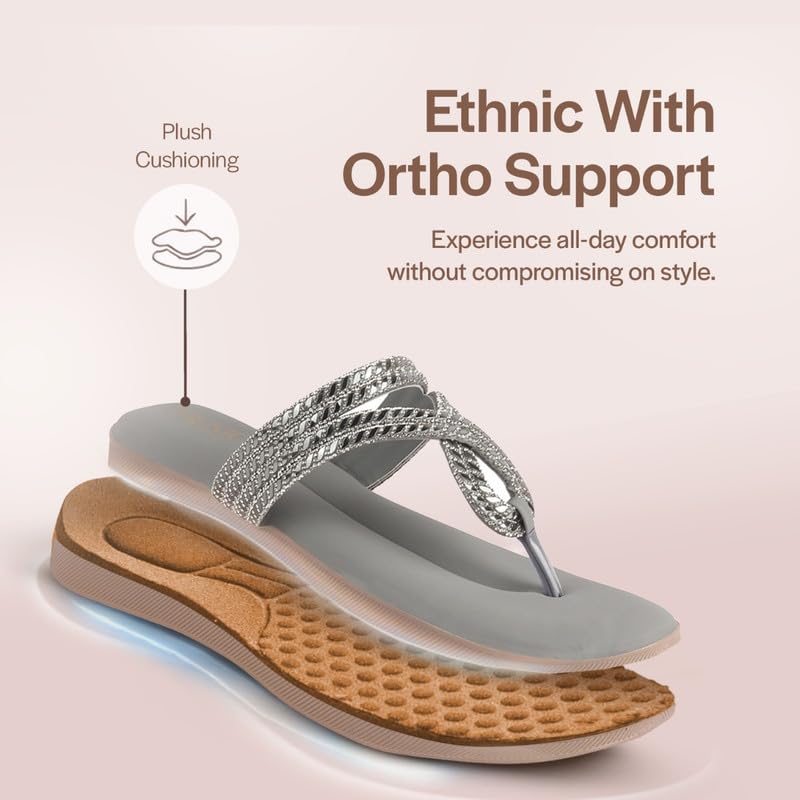 Image of FAUSTO Women T-Strap Slip On Ethnic Sandals with Rhinestone Strap | Wedge Ortho Slip-On Slippers | Perfect for Wedding, Festive Outfits
