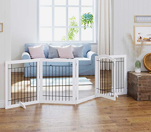 SPIRICH 96-inch Extra Wide 30-inches Tall Dog Gate with Door Walk Through, Freestanding Wire Pet Gate for The House, Doorway, Stairs, Pet Puppy Safety Fence, Support Feet Included (White) - Image 3