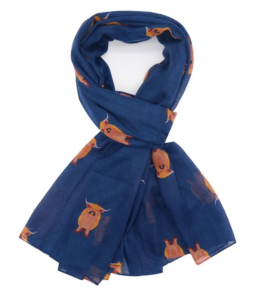 LilyRosa Highland Cow Scarf Ladies Grey Navy Blue Red Green Teal Cattle (Navy)