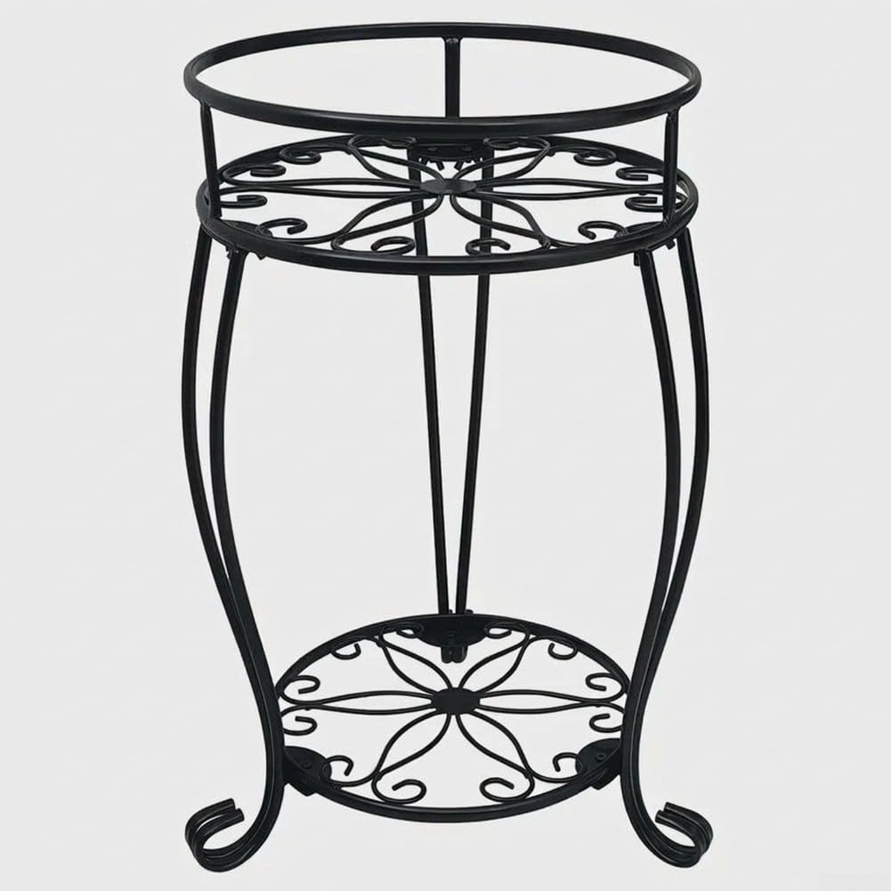 2 Etagen Pflanzenständer Metall Schwarz, Rostfreier | Blumenständer für Wohnzimmer & Balkon, Stabiles Pflanzengestell mit Blumenmuster, Topfhalter für regal für Garten Innen