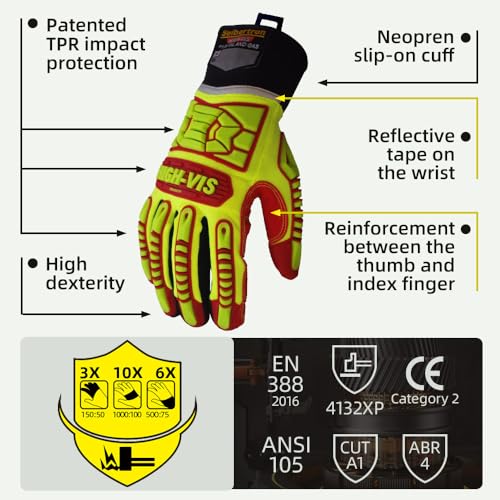 Seibertron HIGH-VIS HRIG Anti Impact Work Gloves Hi-Vis Oil and Gas Water Resistant Safety Heavy Duty Utility Mechanic Rigger Glove CE EN388 4132 S mit 1 schwarzen Handschuhclip