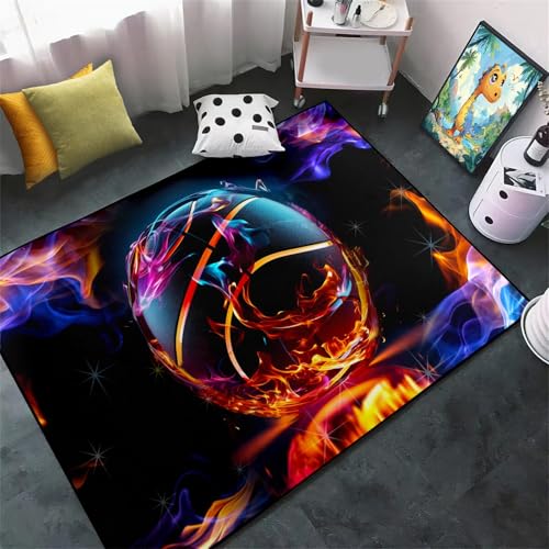 Basketball Rug for Boys Bedroom - Basketball Rug Sports Rug for Boys Room Colorful Basketball Carpet Basketball Rugs Door Mat Red and Blue Flame Printed Sports Carpet for Kids Playroom,2'5''×4'