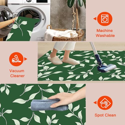 Tapis grand format 150x210 motif feuilles blanches lavable antidérapant