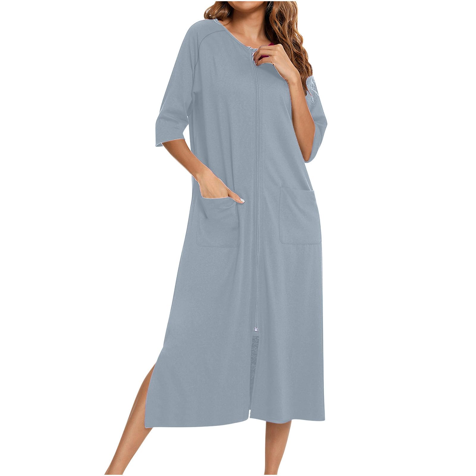 Nightgown House Dress for Women 3/4 Sleeve Zip Up Robe Long Lounge Dress Side Split House Coat Sleepwear with Pocket
