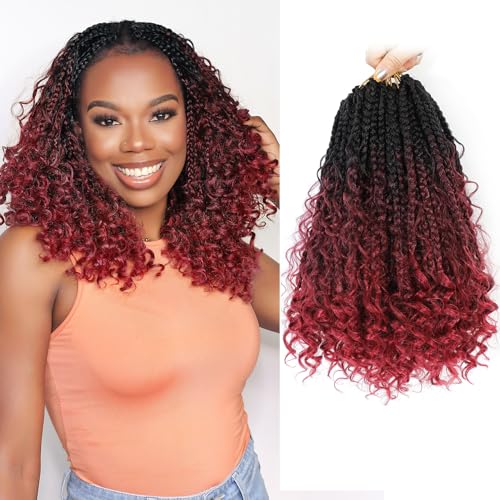 Karida Goddess Box Braids Crochet Hair 12 Inch, 9 Packs Boho Box Braids Crochet Hair For Black Women, 3X Crochet Braids Bohemian Crochet Braids With Curly Ends (12 Inch, 1B/99J/530#)