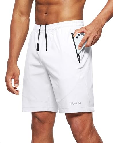 Pudolla Men's Workout Running Shorts Lightweight Gym Athletic Shorts for Men with Zipper Pockets(White Medium)