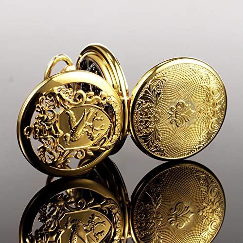 Image of TREEWETO Men's Retro Double Open Skeleton Mechanical Roman Numerals Shield Pocket Watch with Chain for Men Women