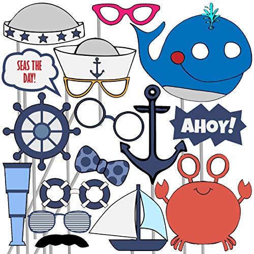 Blue Orchards Nautical Photo Props (32 Pieces) for Photo Booths, Kids Birthdays, Ocean