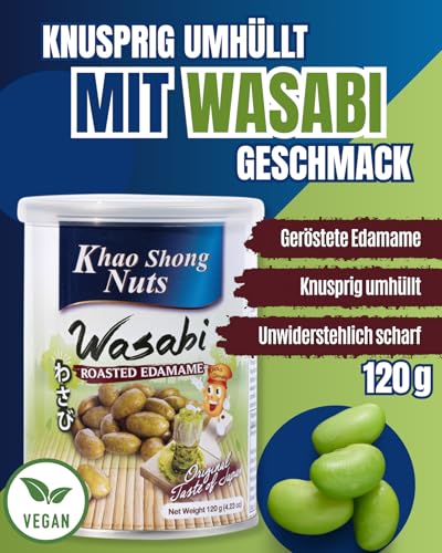Khao Shong - Geröstete Edamame mit Wasabi – Geröstete Sojabohnenkerne mit Wasabi Geschmack – Snacks, Nüsse & Erdnüsse aus Thailand – 1 x 120g