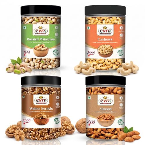Image of EVRR Dry Fruits Combo 1kg (4 x 250g) | California Almonds, Cashews, Roasted Pistachios, Walnut Kernels | Premium Protein-Rich Mixed Nuts | Crunchy Fresh Healthy Snacks for Fitness, Weight Loss, Gifting, Festive Hampers, Kids, Adults | Non-GMO Vegan (1 kg)