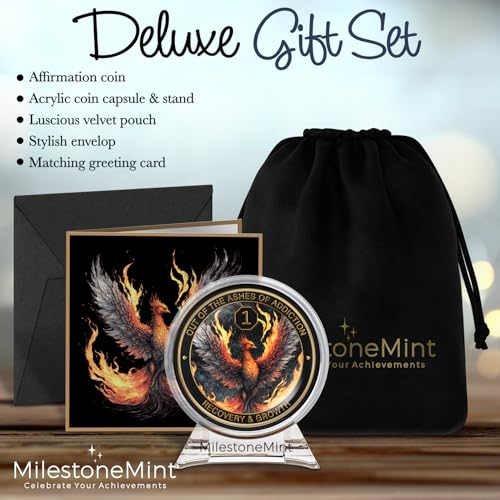 phoenix sobriety coin  aa chip medallion gift set with coin capsule display stand amp card for sober men amp women in recovery  sobriety gifts for anniversary month amp year 1 year