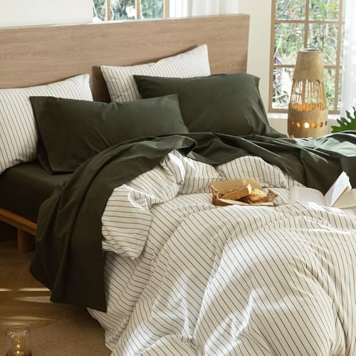 MOOMEE Bedding Sheet Set 100% Washed Cotton Linen Like Textured Breathable Durable Soft Comfy (Olive Green, Queen) - Image 7