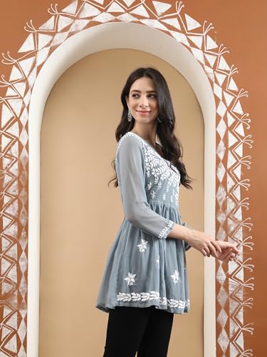 Image of Seva Chikan Hand Embroidered Lucknowi Chikankari Angarkha Georgette Top with Slip for Women SCL4041