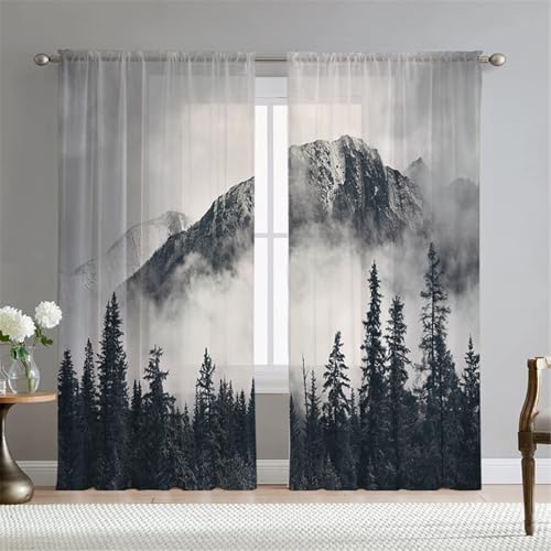 Hiseng Lot de 2 Rideaux Voilage Blanc Forêt Paysage Rideau de Fenêtre Rideau Semi-Transparent Voilage Passe Tringle Décoration pour Salle de Bain Chambre...