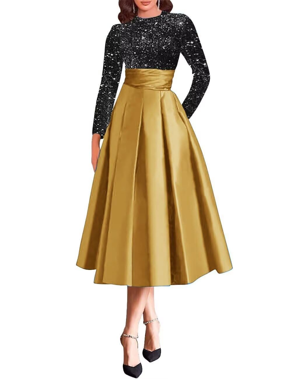 Sparkly Sequin Wedding Gown Long Sleeve Tea Length A Line Formal Dress Mother of The Bride Dresses for Women