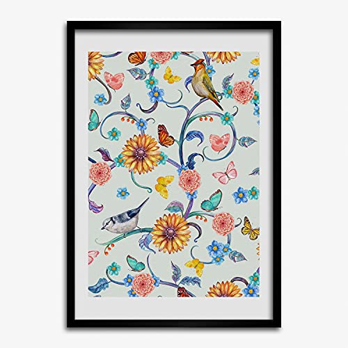 Cadre MDF 50x70 cm avec tableau moderne d'oiseaux et fleurs pour affiche