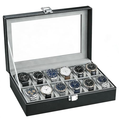 RDDAIPE Caja Relojes con 12 Compartimentos,Caja para Relojes Hombre Mujere,Caja para Guardar Relojes con Tapa de Cristal y Cojín Extraíble, Regalo para Cumpleaños Día del Padre Navidad