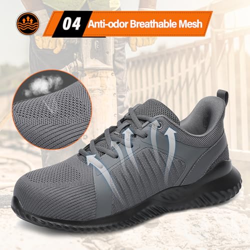 LUPWEE Steel Toe Shoes for Men Slip Resistant Safety Work Shoes Puncture Proof Comfortable Indestructible Sneakers Industry Construction Warehouse Pure Grey 44