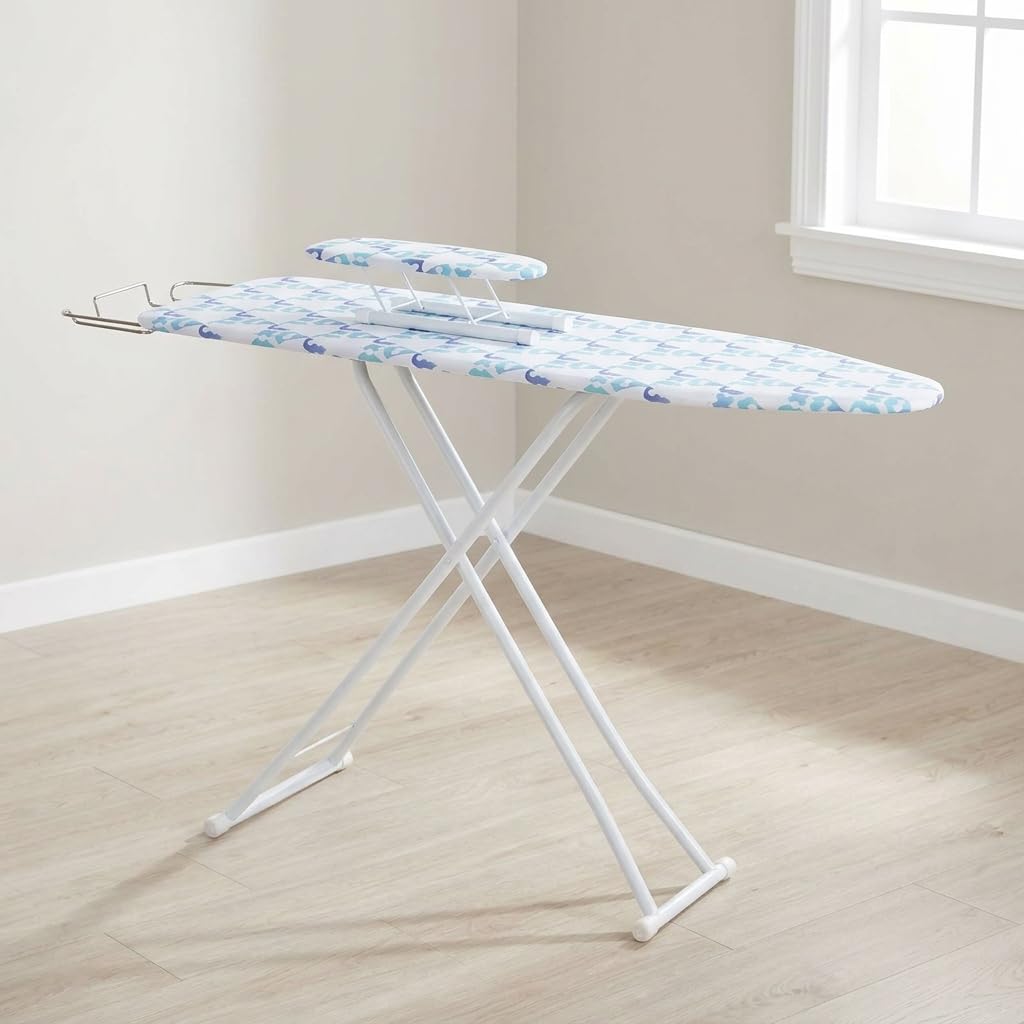 pofluany Full-Size Ironing Board Height Adjustable Iron Board Heavy Duty Itoning Board with Iron Rest & Heat Resistant Cover, Foldable Household Ironing Board with Anti-Skid Feet (Neon)