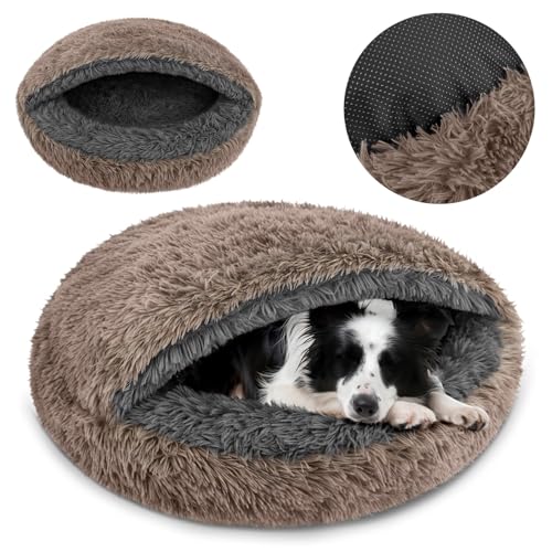 Hundebett Katzenschlafsack 2in1 - Kuschelhöhle & Schlafsack für Hunde und Katzen - Shaggy Fell außen, Sherpa innen - Durschmesser 80 cm - Anti-Slip Unterseite - Made in Poland - Größe XL Beige