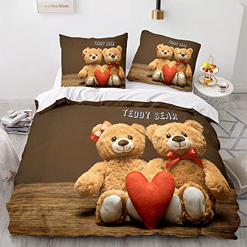 Morbuy Parure de Lit pour 1/2 Personnes, Teddy Bear Imprimé Sets de Housse de Couette avec Housse de Couette en Microfibre + Taies d'oreillers 65x65 cm...