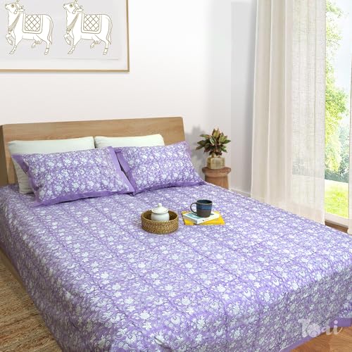 Image of TOAI Hand Block Printed Bedsheet | Bed Sheet Flatsheet | Pure Cotton | Double Bed Queen Size 90 inchx108 inch | 300 TC Bedsheets | Includes 2 Pillow Covers (Lavander Kalamkari)