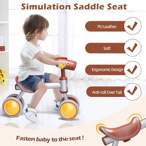 TWFRIC Balance Bike for 1+ Year Old Boys Girls, Toddler Balance Bike 12-36 Month No Pedal 4 Wheels Ride-on Baby Bike Riding Toys for 1 Year Old Birthday Gifts(Brown)