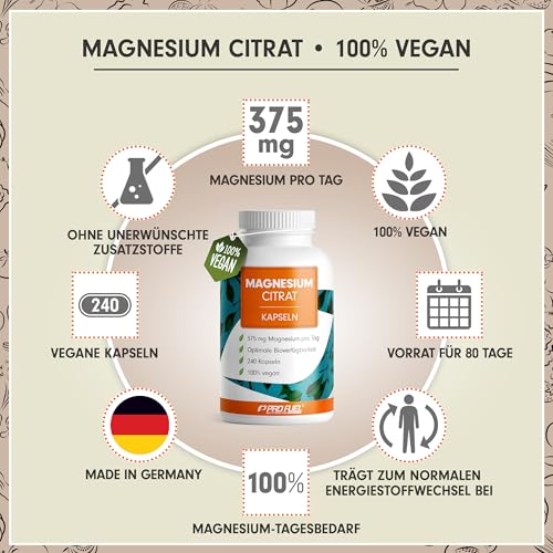 Magnesiumcitrat Kapseln 240x mit 375 mg Magnesium aus hochwertigem Magnesium Citrate - optimal hochdosiert & bioverfügbar - laborgeprüft mit Zertifikat - 100% vegan - Vorrat für 80 Tage