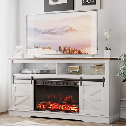 Image of JUMMICO Fireplace TV Stand for 65 Inch TV with 26'' Fireplace(Milk White)