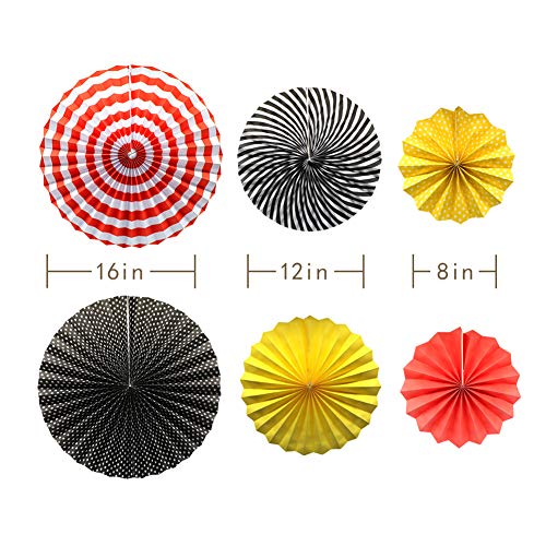 Image of Red Yellow Black Hanging Paper Party Decorations, Round Paper Fans Pom Poms Flowers Set for Mickey Mouse Theme Firetruck Birthday Wedding Graduation Baby Shower