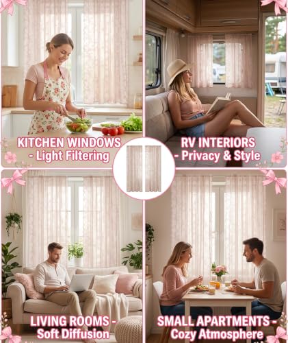 Image of piercing Curtains for Kitchen, Lace Curtains, Kitchen Window Curtains, Sheer Curtains, Kitchen Curtains 29 inchx39 inch Lace Tier 1-Panel Rod Pocket Floral Scalloped Cafe Light Filter White (Style 3)