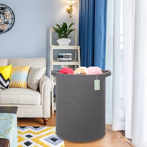 Image of Cotton Rope Blanket Basket, 72L Tall Laundry Hamper, Dark Gray