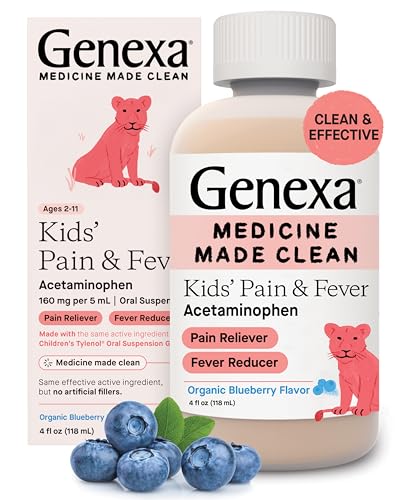 Image of Genexa Children's Acetaminophen Pain and Fever Reducer | 160 mg per 5mL | Made with Delicious Organic Blueberry Flavor | 4 Fluid Ounces