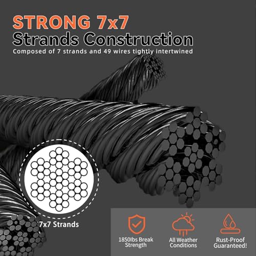 T316 1000 FT Black Stainless Steel Cable 1/8 Inch Deck Wire Rope 7x7 Strand, Deck Railing Cable Kit for Outdoor Stairs, Marine Grade Coated Railing Rope System for Fencing and Handrails