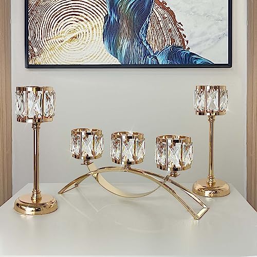3 Arms Crystal Bowl Tealight Candelabra Votive Candle Stand, Wedding Centerpieces Candlestick Holders for Tables Crystal Candlestick，Centerpiece Table Decorations (Set of 3 Gold)