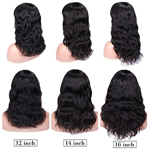 Wignee 100% Virgin Human Hair Natural Wave Wigs With Bangs Brazilian Human Hair Wave Wigs Natural Black Color (16 Inch) #TOP6
