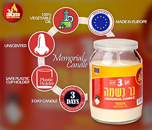 3 Day Yartzeit Candle - Kosher Yahrtzeit Memorial and Yom Kippur Candle in Plastic Holder