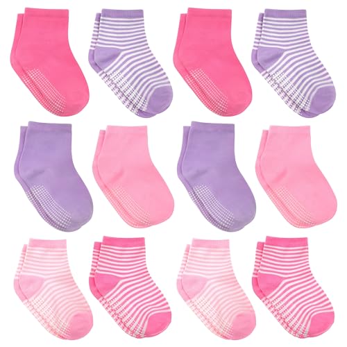 Image of Debra Weitzner Toddler Socks With Grips - 12 Pairs Crew Cotton Grip Socks for Baby Boys Girls Infant's and Kids 6-M - 7 years