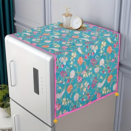 Image of Astitva Dust-Proof Fridge /Refrigerator Cover Cotton Washing Machine Top Protector with Side Storage Bags Universal Cover Cloth (Size - 103cm x 53cm, Each Pocket Size: 20 x 14 Cm) - Turquiose