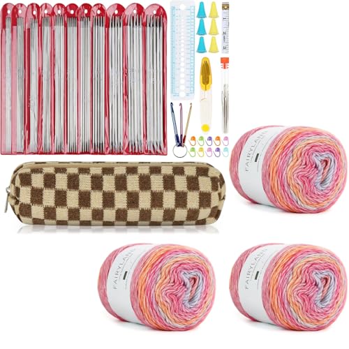 Image of Aeelike 55pcs Double Pointed Knitting Needles with 3 Skeins Super Soft Gradient Cake Yarn 100g (3.52 oz) 245m (267 Yards)