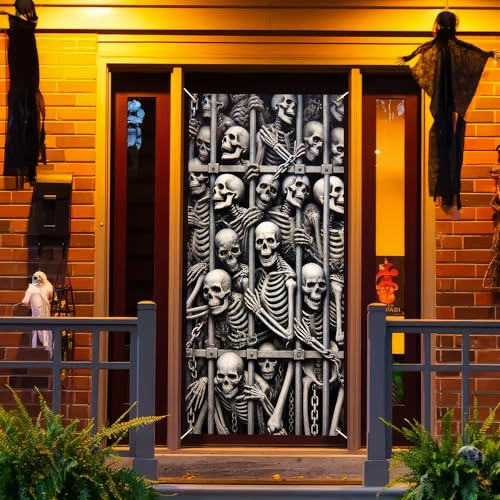 Image of Halloween Skeleton Fabric Door Cover Scary Skull Banner 35 x 71 Inch | Skeleton and Skull Design | Haunted House Door Backdrop | Halloween Party, Porch and Wall Decoration | 1 Piece
