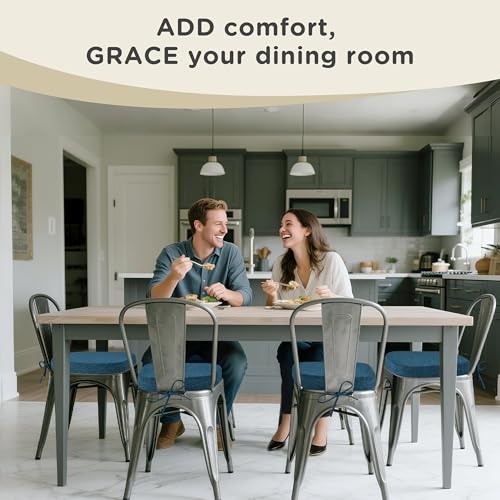 Image of AddGrace Set of 6 Chair Cushions for Metal Dining Chairs 14x14 Navy | Non Slip,Washable Removable Cover with Ties, Textured, for Kitchen Dining Room Indoor, Hard Wooden Chairs, Family Gathering
