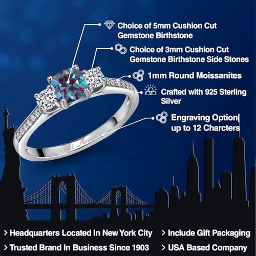 Gem Stone King 925 Sterling Silver Customized and Personalized 5MM and 3MM Cushion Cut Gemstone Birthstone and White Moissanite 3 Stone Name Engraved Engagement Ring For Women2