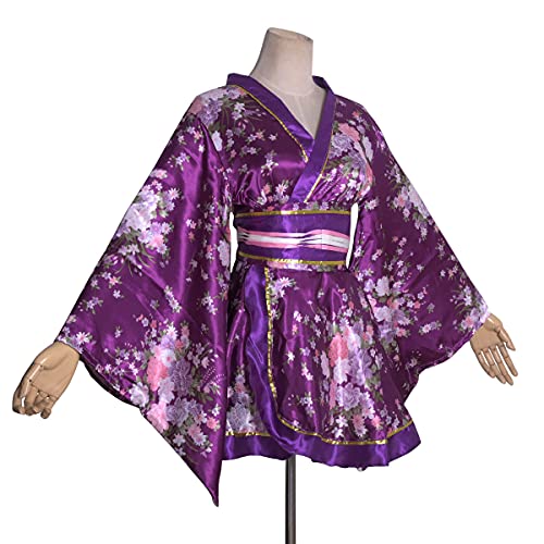 Image of HUAHUA Women's Sexy Short Kimono Dress Floral Print Japanese Traditional Geisha Robe Bathrobe Skirt Belt Outfit