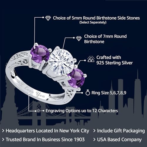 Gem Stone King 925 Sterling Silver Promise Name Engraved Customized Personalized 3 Gemstone Birthstone For Her 3-Stone Engagement Ring For Women | Round 7MM and 5MM | Available In Size 5-92